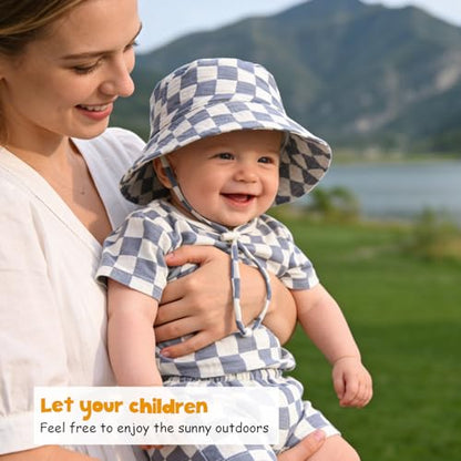 Baby Sun Hat Infant Toddler Summer Cotton Yarn Bucket Hat for Boys Girls - color: Light Blue & Denim Blue & Blue Checkered -3pcs, size: 6-24 Months