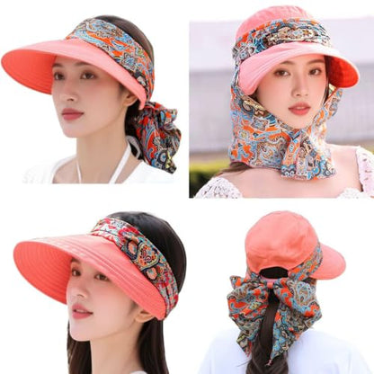 Women Wide Brim Sun Hat Multifunctional Beach Hat Foldable Sun Visor with Removable Neck Flap Bowknot - color: Watermelon Red