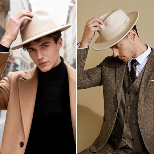 BABEYOND 1920s Fedora Hat for Men Gatsby Wide Brim Hat Felt Panama Cap - color: Beige