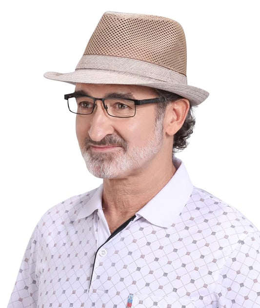 Men Straw Fedoras Summer Trilby Hat Vintage Mesh Panama Sun Hat Short Brim Beach Travel Hat British Jazz Hat Outdoor Bucket - color: Half Khaki