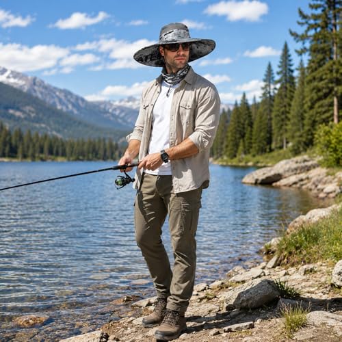 HUAMULAN Men Women 6" Wide Brim Sun Protection Hat Summer Fishing Hats - color: Shun004-shenhui-smo