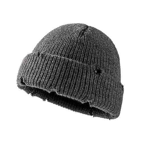 Unisex Warm Knit Skull Cap Hip-hop Slouchy Ripped Knitted Hat - color: Dark Grey