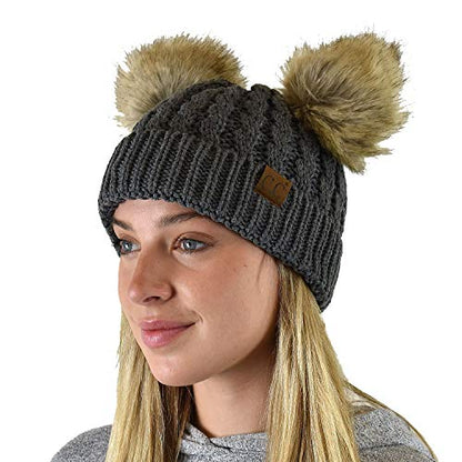 C.C 2 Ear Pom Pom Cable Knit Soft Stretch Cuff Skully Beanie Hat - color: Faux Fur Dark Melange Gray