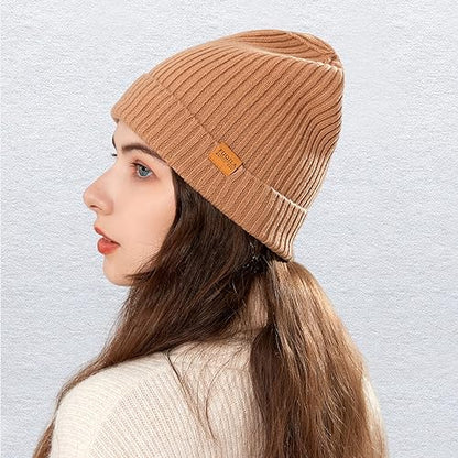 100% Merino Wool Cuff Beanie Hat, Unisex Warm Winter Caps Soft, Breathable & Cozy Stretchy Knitted Cuffed Cap - color: Camel