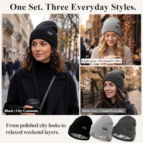 3 Pack Satin Lined Beanies for Men and Women Silk Warm Cuffed Winter Hats - color: Black+dark Grey+light Grey