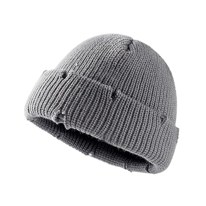Unisex Warm Knit Skull Cap Hip-hop Slouchy Ripped Knitted Hat - color: Grey