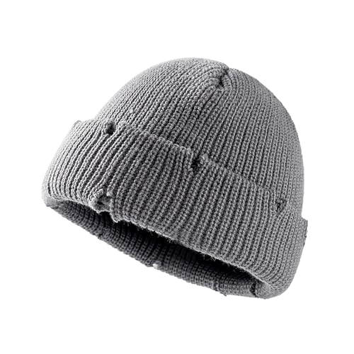 Unisex Warm Knit Skull Cap Hip-hop Slouchy Ripped Knitted Hat - color: Grey