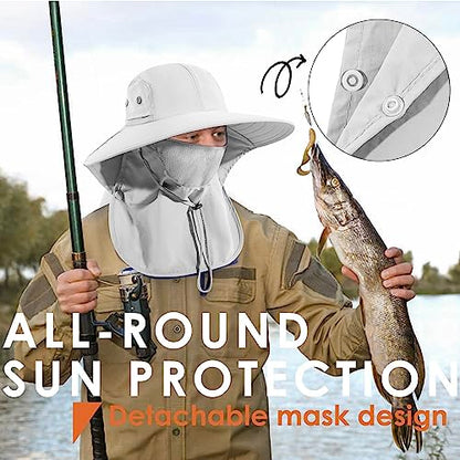 Mens Women Fishing Hat UPF 50+ Wide Brim Sun Hat with Face Cover & Neck Flap - color: Light Gray