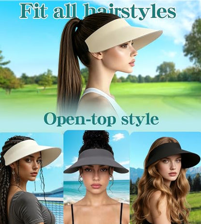 Women's Seamless Sun Visor Hat, Extra-Wide Brim, Ponytail & Bun Friendly - color: Black01