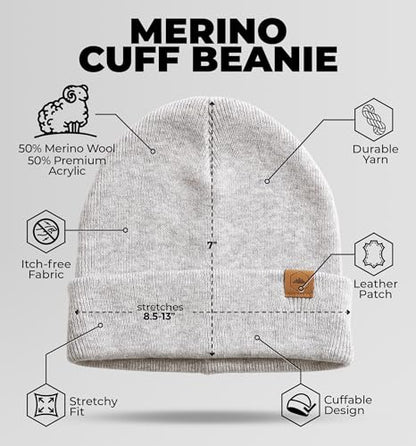 Tough Headwear Merino Wool Beanie - Moisture Wicking Winter Hats for Women - Stretchy Mens Beanie - Breathable Wool Hat - color: Basic - Light Gray