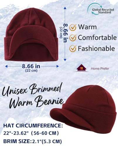 Home Prefer Men's Winter Beanie Hat with Brim Warm Double Knit Cuff Beanie Cap Watch Radar Hat - color: Burgundy