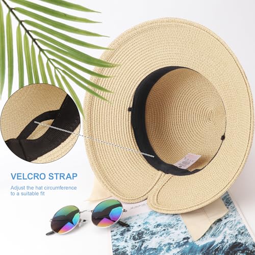 DRESHOW Sun Hats for Women Travel Fedora Foldable Beach Sun Hat Summer Wide Brim Straw Bucket Hat with Bowknot UPF 50+ - color: 1 Pack Bowknot Straw Hat: Beige With Beige Band