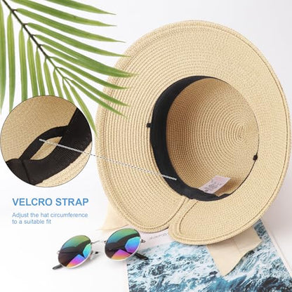 DRESHOW Sun Hats for Women Travel Fedora Foldable Beach Sun Hat Summer Wide Brim Straw Bucket Hat with Bowknot UPF 50+ - color: 1 Pack Bowknot Straw Hat: Beige With Beige Band