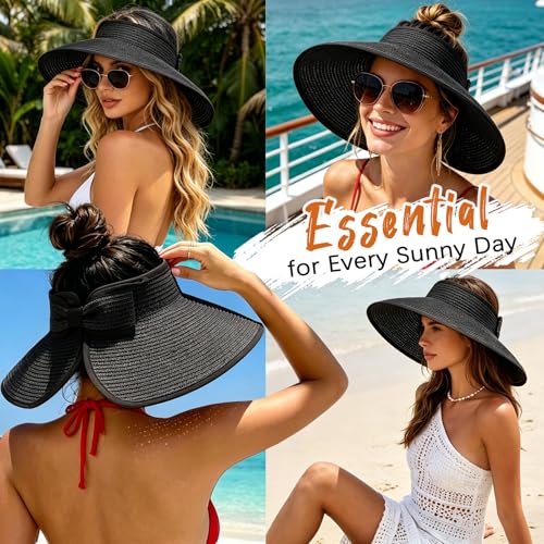 Sun Hats Visor for Women, UV UPF Straw Beach Hat Foldable Wide Brim Ponytail Summer Hats Packable Travel - color: Bowknot 2pack-black&khaki-b-brim