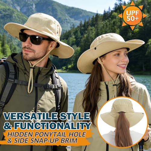 Cooling Sun Bucket Hat, UPF 50+ Wide Brim Boonie Hat with Ponytail Hole - color: 01 Kahki