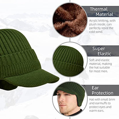 Men's Winter Hat with Brim, Warm Earflaps Hat for Men, Thick Fleece Lined Knit Winter Beanie Outdoor - color: Army Green