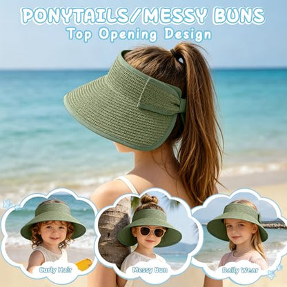 Girls Sun Visor Hat with Ponytail Hole Wide Brim Beach Straw Visor UPF 50+ - color: 1pack-grayish Green