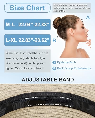 Sun Straw Hats for Women, Wide Brim Summer Beach Hat - color: Beige, size: Large