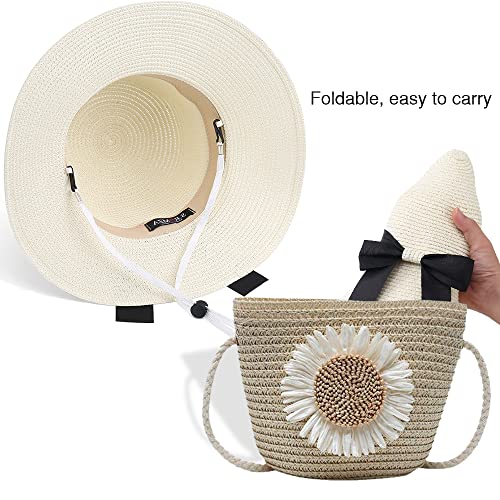 Sun Straw Hat for Women with Wind Lanyard Wide Brim Foldable Beach Summer Hats Womens UV 50+ Protection Bowknot Cap - color: Beige