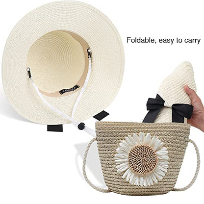 Sun Straw Hat for Women with Wind Lanyard Wide Brim Foldable Beach Summer Hats Womens UV 50+ Protection Bowknot Cap - color: Beige