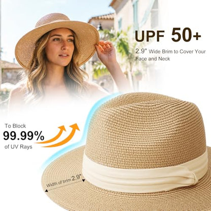 DRESHOW Women Straw Panama Hat Travel Fedora Beach Sun Hat Summer Wide Brim Straw Roll up Hats UPF 50+ - color: Fedora Hat: Kahki (Beige Ribbon)