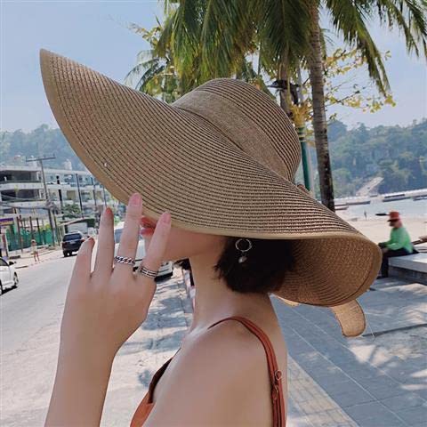 ericotry 1PC Women Foldable Floppy Beach Cap Wide Brim Sun Protection Straw Hat Big Bowknot Summer Sun Hat UPF 50+ (Khaki)