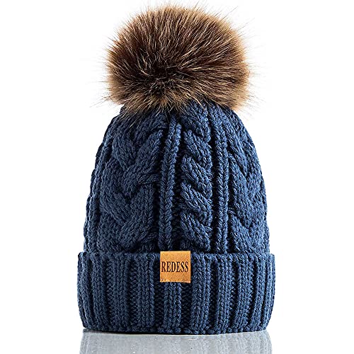 REDESS Women Winter Pompom Beanie Hat with Warm Fleece Lined Thick Slouchy Snow Knit Hat Skull Ski Cap - color: Dark Denim