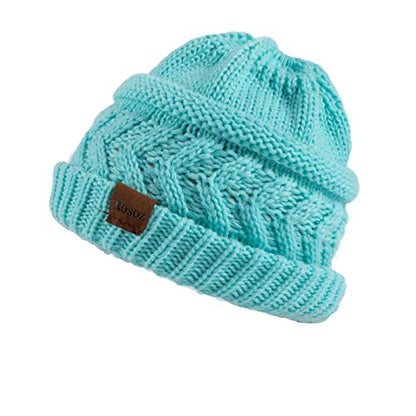 Rosoz 2 Pack Ponytail Beanie for Women,Winter Warm Beanie Tail Soft Stretch Cable Knit Messy High Bun Hat - color: 2pack-beige/Lake Blue