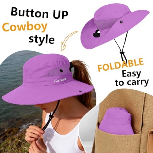 ZOORON Women's Ponytail Safari Sun Hat,Wide Brim UV Protection Bucket Hat - color: 1- Pure Purple