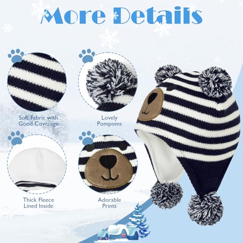 Baby Winter Hat Toddler Beanie Warm Fleece Lined Earflap Cap with Pom Pom - color: O2pcs Bear Navy & Bear Beige, size: 0-12 Months