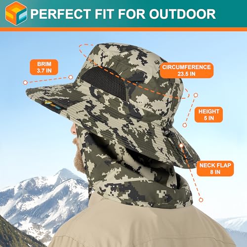 SUN CUBE Wide Brim Sun Hat for Men & Women, UPF 50+ UV Protection, Mesh Boonie Hat with Chin Strap, Fishing Hiking Hat - color: Camo Green With Flap