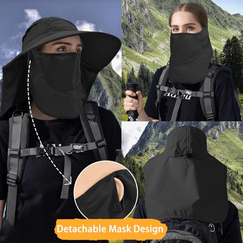 Sun Hats for Men Women Detachable Face Cover Wide Brim Fishing Hats with Neck Flap UPF 50+ Outdoor Safari Hats - color: Black