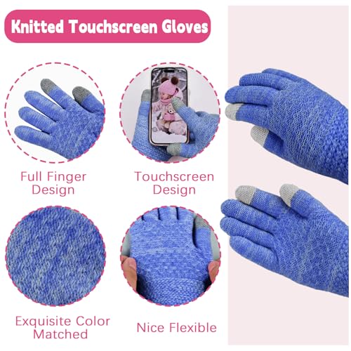 Kids Winter Hat Gloves Scarf Set Girls, Children Beanies Hats with Pom Pom - color: Sapphire Blue Mix