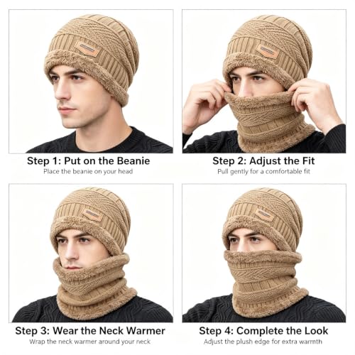 Khaki Knit Balaclava Hat Fleece Lined Winter Neck Warmer Set