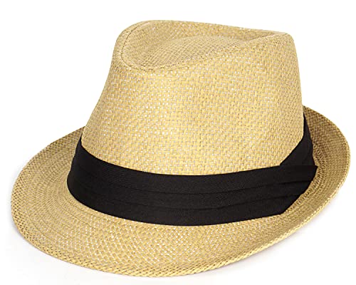 Summer Straw Fedora Hat Short Brim Panama Sun Hat Trilby Beach Hat for Men & Women - color: A-khaki-01, size: Large
