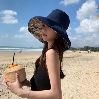 Women Wide Brim Sun Protection Hat Summer Fishing Hats - color: Navy and Leaf Print