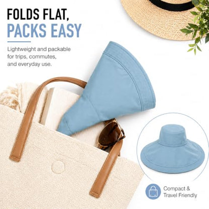 Wide Brim Sun Hat for Women Reversible Beach Bucket Summer Hats Ponytail - color: Blue