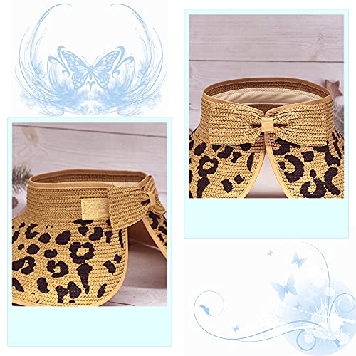 Women Sun Visors Foldable Straw Hats Summer Beach Packable Hat Floppy Wide Brim Cap Deep Style, Adjustable Size - color: Leopard