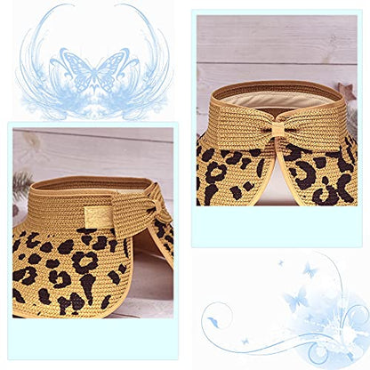 Women Sun Visors Foldable Straw Hats Summer Beach Packable Hat Floppy Wide Brim Cap Deep Style, Adjustable Size - color: Leopard