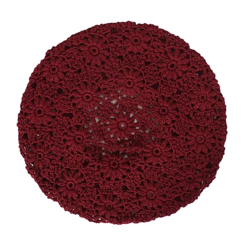 ZLYC Women Cotton Slouchy Crochet Beret Handmade Cutout Floral Beanie Hat - color: Plain Burgundy