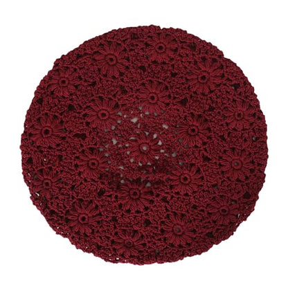 ZLYC Women Cotton Slouchy Crochet Beret Handmade Cutout Floral Beanie Hat - color: Plain Burgundy