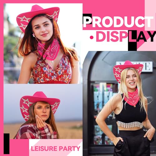 SHENYI Cowgirl Hat and Bandana and Heart Sunglasses Glitter Rhinestone Star Cowboy Hat Western Sparkly Hats for Women Men - color: Cowgirl Hot Pink