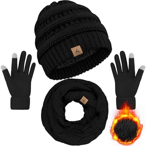 LOROME Winter Beanie Hat Scarf Gloves, Warm Fleece Knit Neck Scarf Set Gift - color: Black