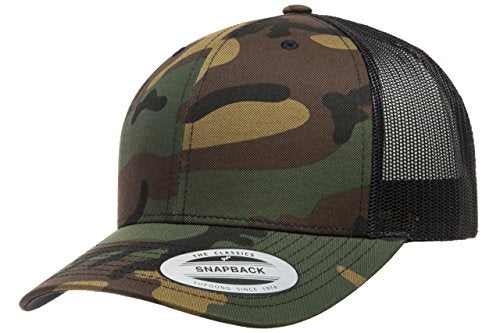Yupoong Classic Mesh 6 Panel Retro Trucker Cap | Mid Profile Snapback - color: Green Camo/Black