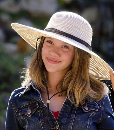 Sloggers Women's Wide Brim Braided Sun Hat with Wind Lanyard - UPF 50+ Maximum Sun Protection - color: Stone