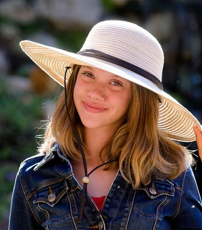 Sloggers Women's Wide Brim Braided Sun Hat with Wind Lanyard - UPF 50+ Maximum Sun Protection - color: Stone