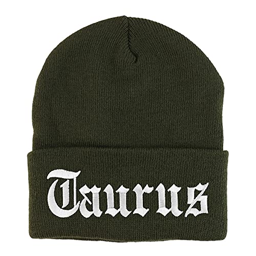 Trendy Apparel Shop Taurus Old English Embroidered Long Cuff Beanie - color: Olive