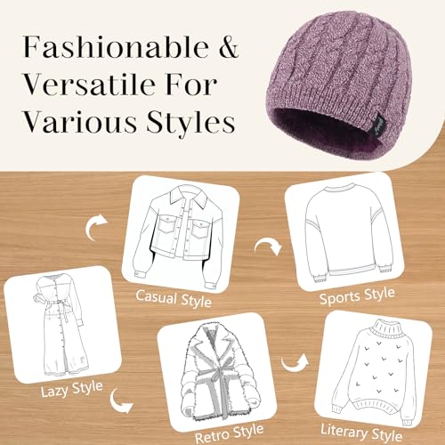 Winter Warm Beanie Hat for Women Men, Thick Cable Knit Cuffed Beanie - color: Purple