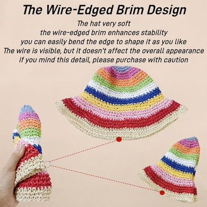 Floppy Big Beach Straw Hats for Women Foldable Summer Wide Brim Packable Sun Hat Womens Travel Straw Fedora Hat - color: Rainbow-1