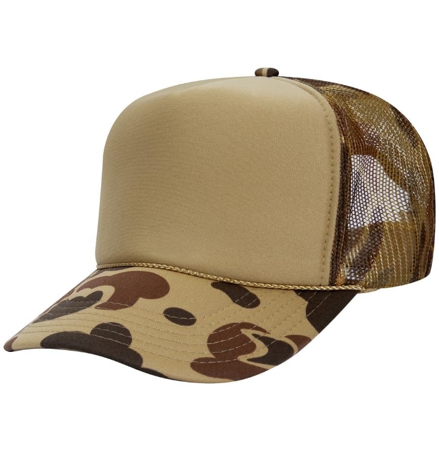 Otto Cap 5-Panel High Crown Mesh Back Trucker Hat - color: Camo/Light Loden Front